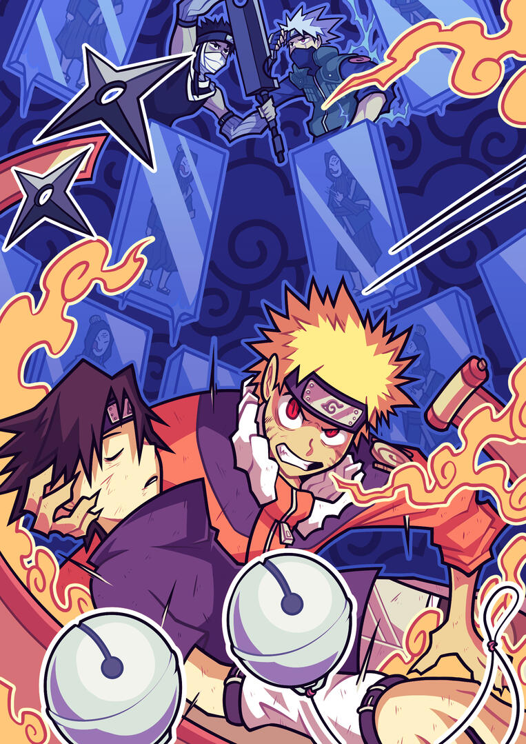 "LAND OF WAVES" FAN-ART Illustration of the famous manga series "Naruto" highlighting intense emotions, sharp line-art and color contrast between orange and blue.