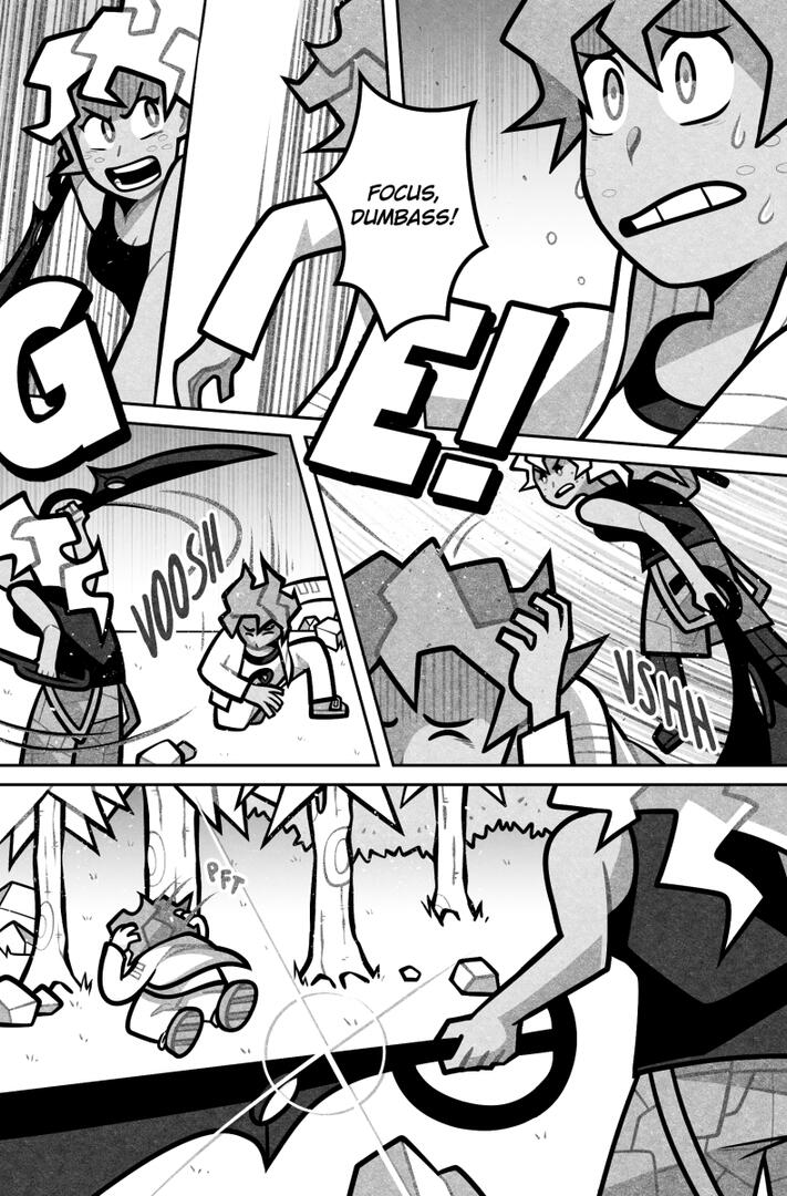Chapter 15 Page 28 Comic page depicting Elise and Leo fighting on Skull's trial, with Elise swinging her axe.